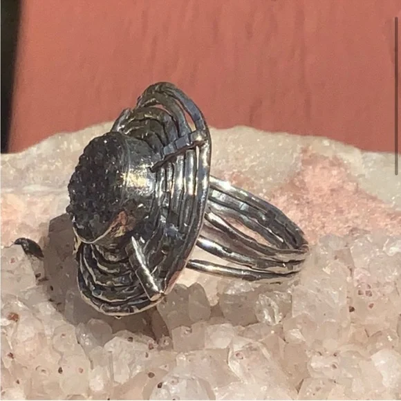 New BLACK DRUZY QUARTZ 925 SILVER RING, SZ 6 - Picture 3 of 7
